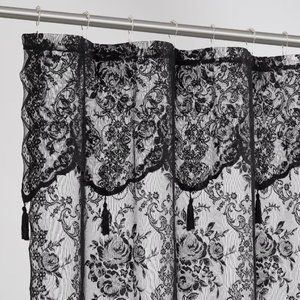 Gothic Witchy Black Lace Shower Curtain with Attached Valance & Tassels 72 x 72